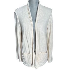 Eileen Fisher Cardigan Sweater Womens Medium Ivory 100% Organic Cotton Pockets